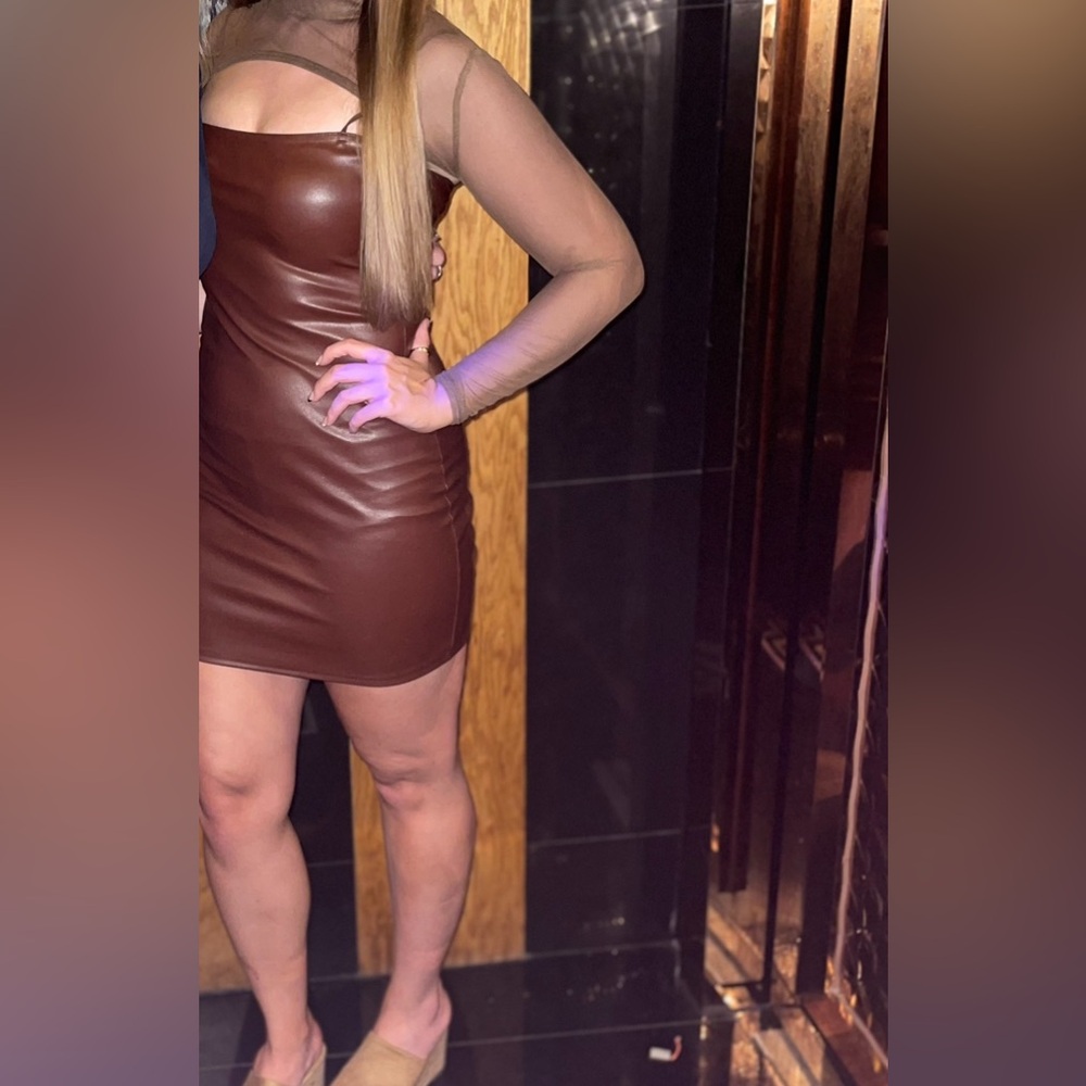 PRETTY LITTLE THING Brown Leather Mini Dress with Long sleeve Mesh Top